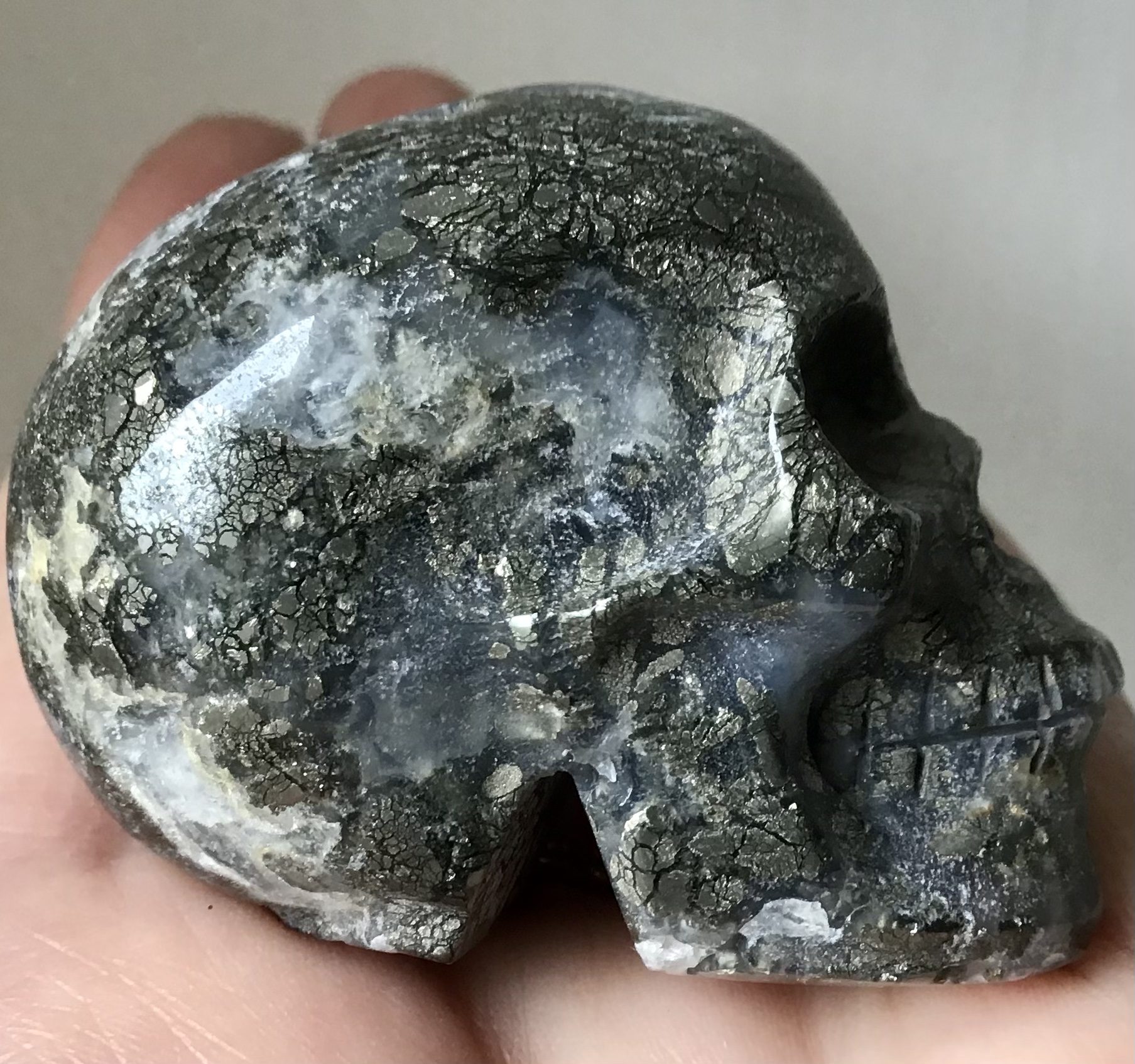 Quartz Pyrite Geode Skull