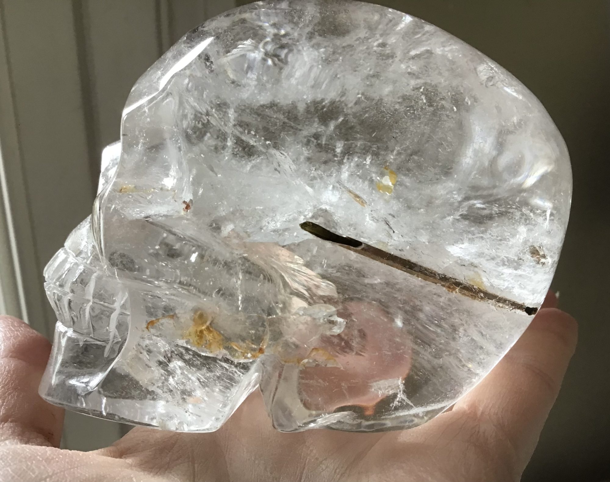 Clear Quartz Crystal Skull With Tourmaline/Golden Healer