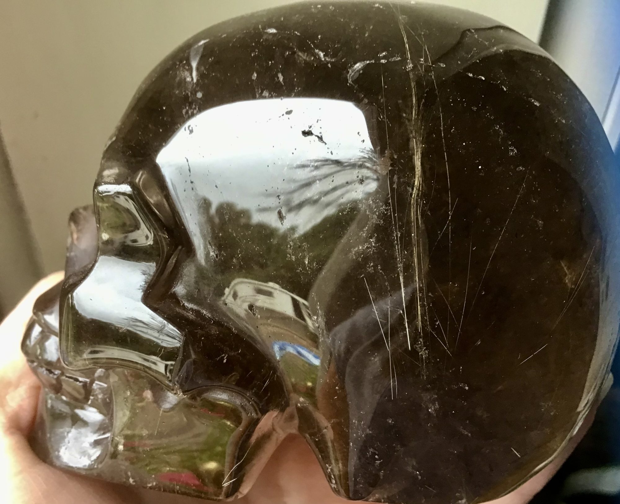 Dark Smoky Quartz Crystal Skull With Gold Rutile