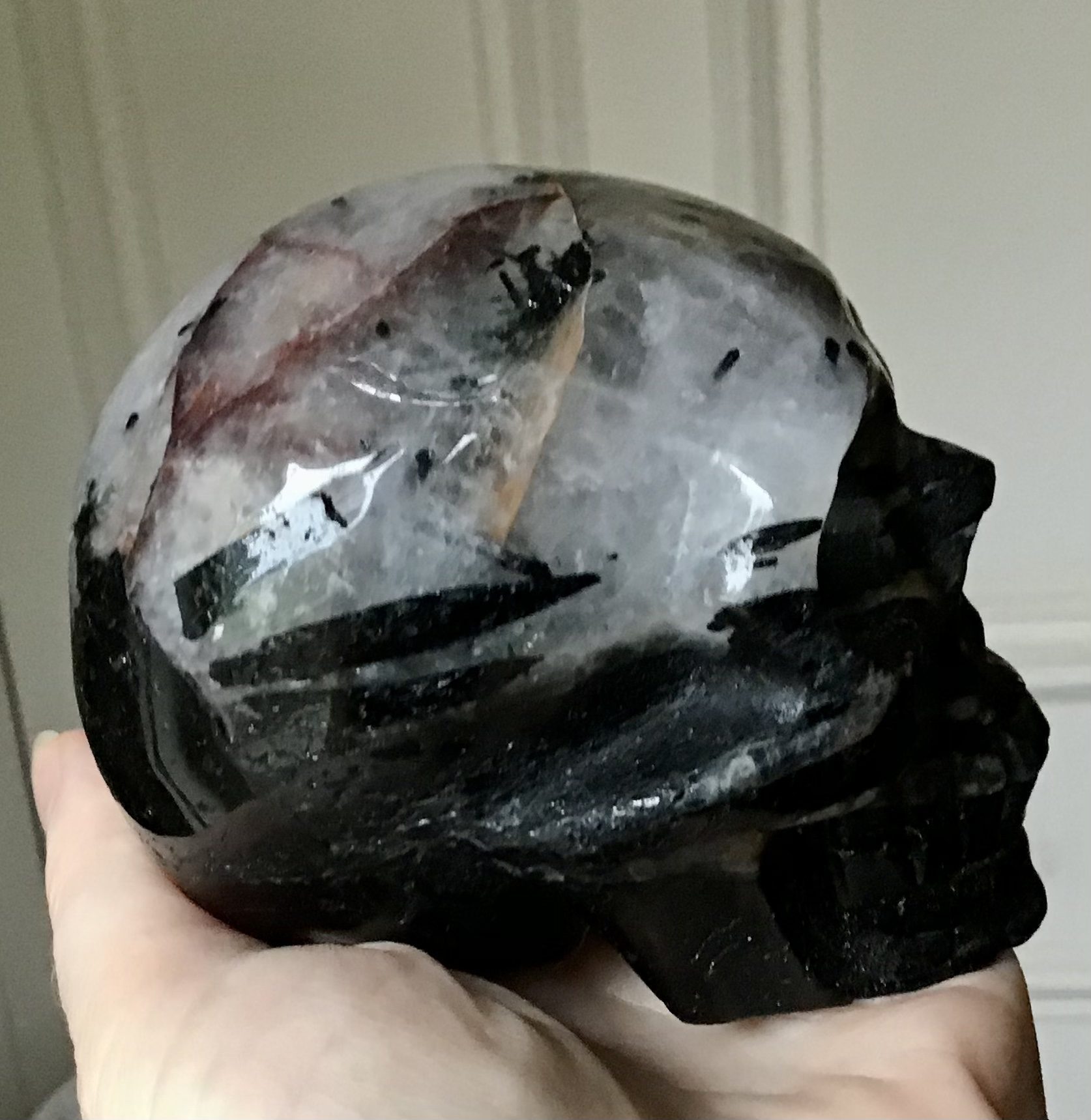 Black Tourmaline Quartz Crystal Skull