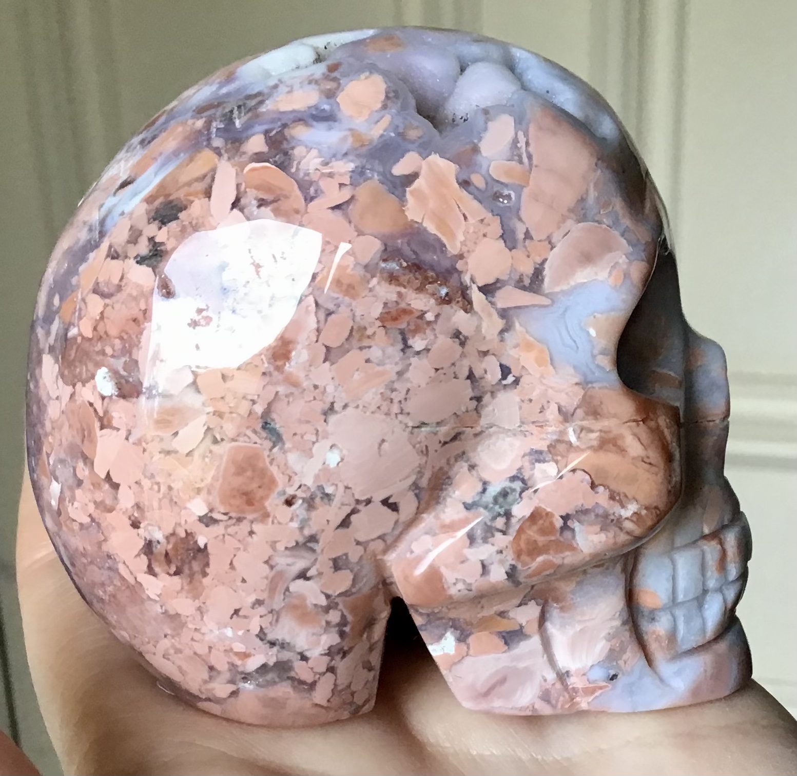Peach Quartz Agate Geode Crystal Skull