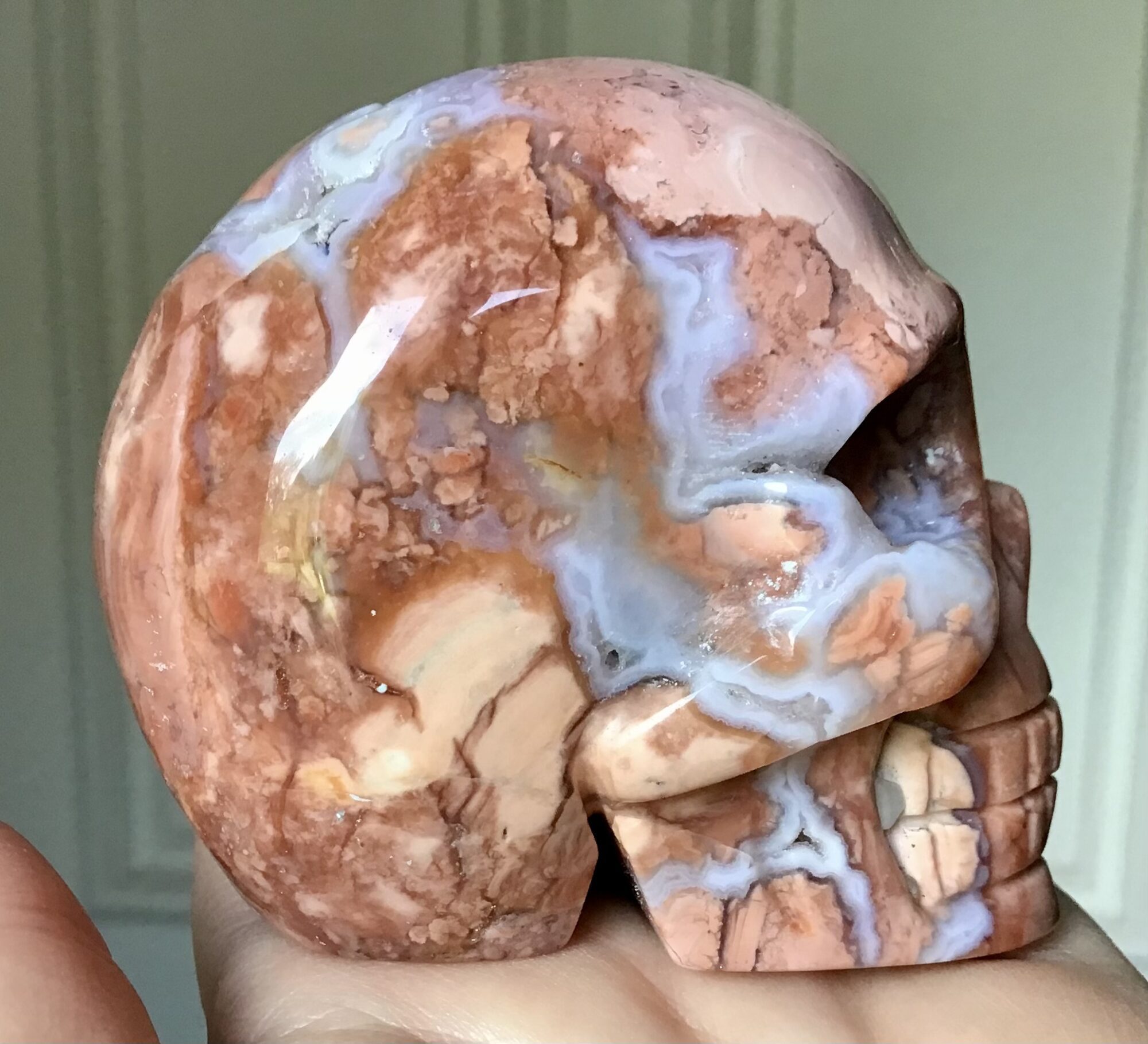 Peach/Pink Quartz Agate Geode Crystal Skull