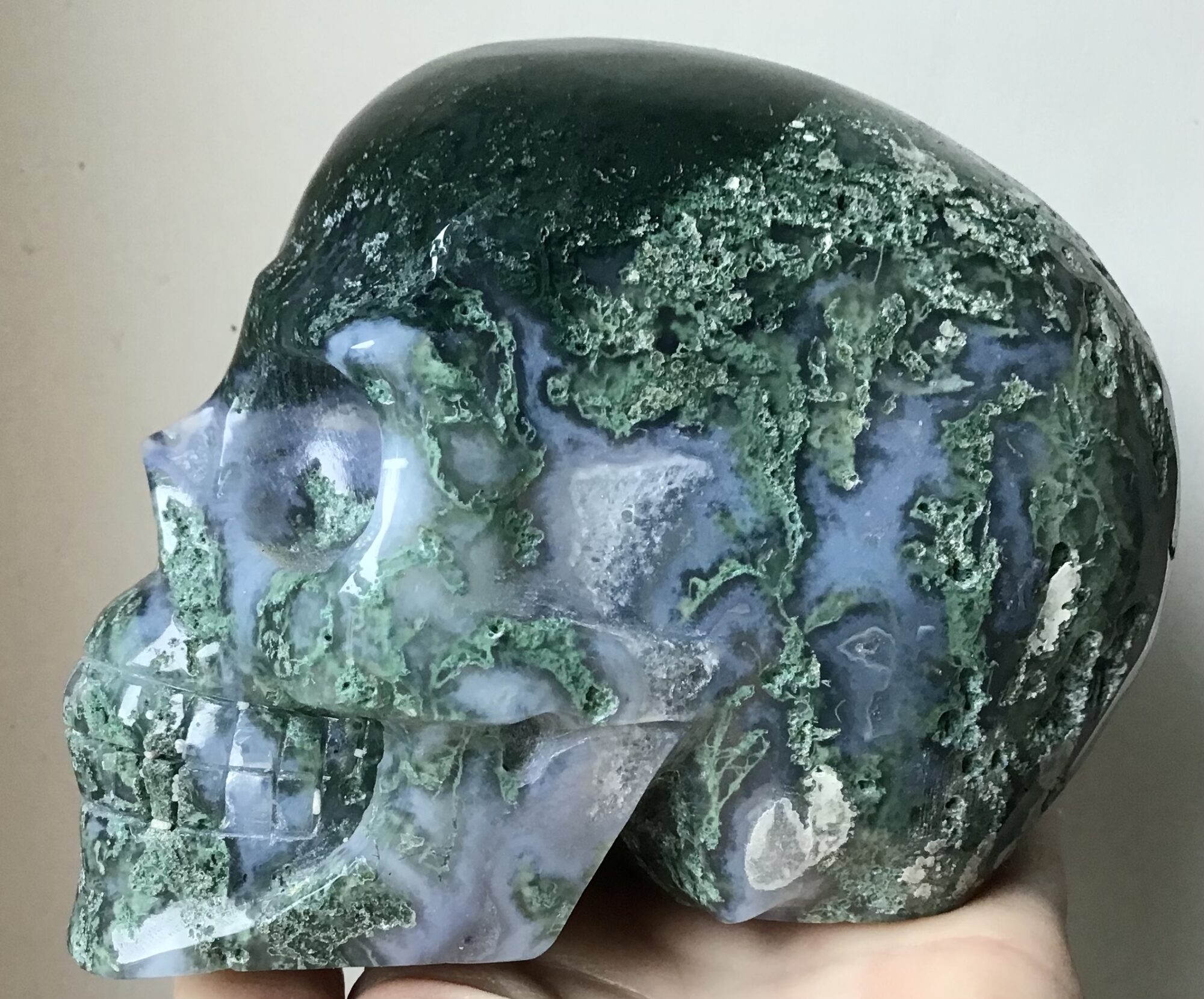 Geode Quartz Moss Agate Crystal Skull